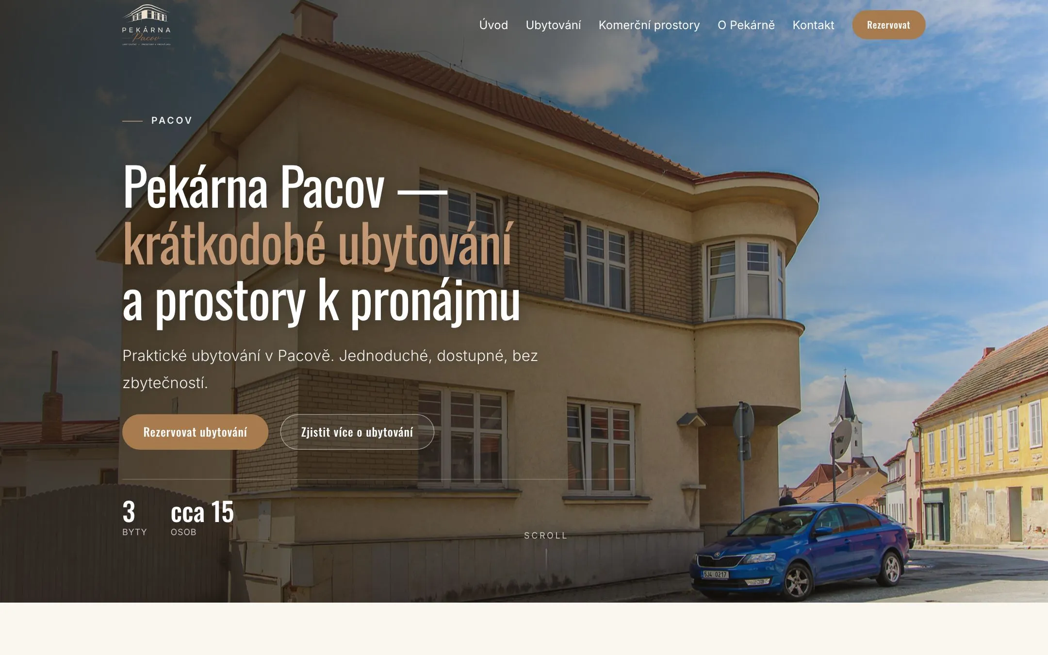 Náhled webu Pekárna Pacov — ubytování a komerční prostory